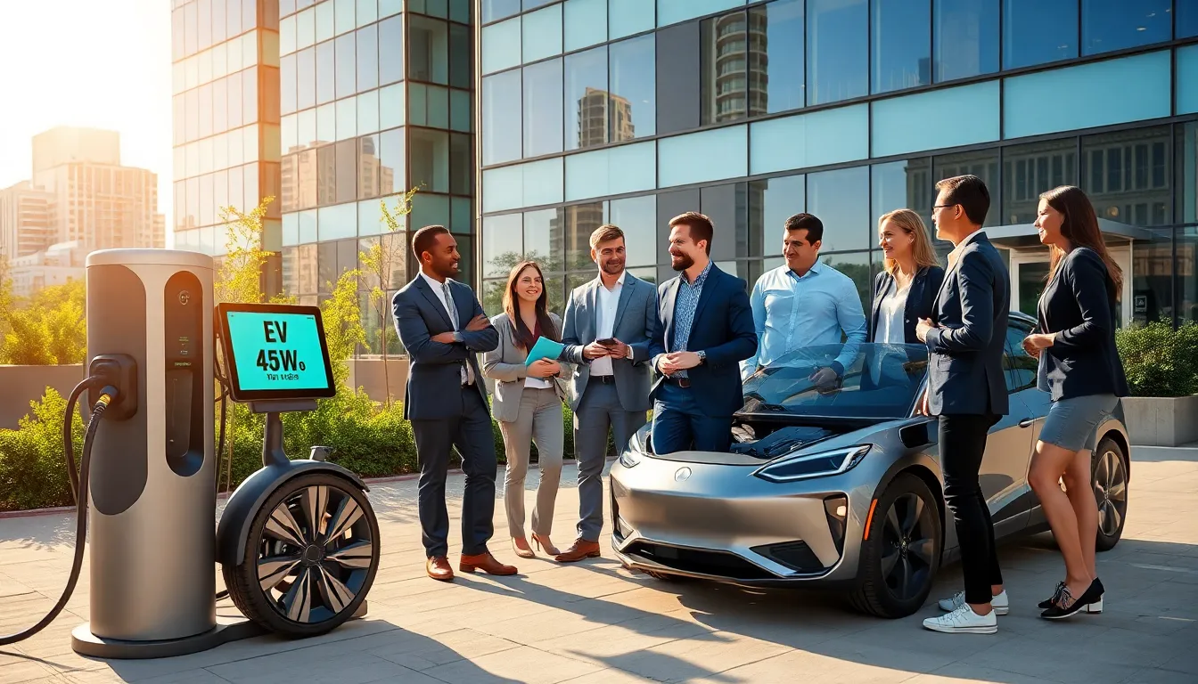 professionals discussing electric vehicles in an urban Austin setting.