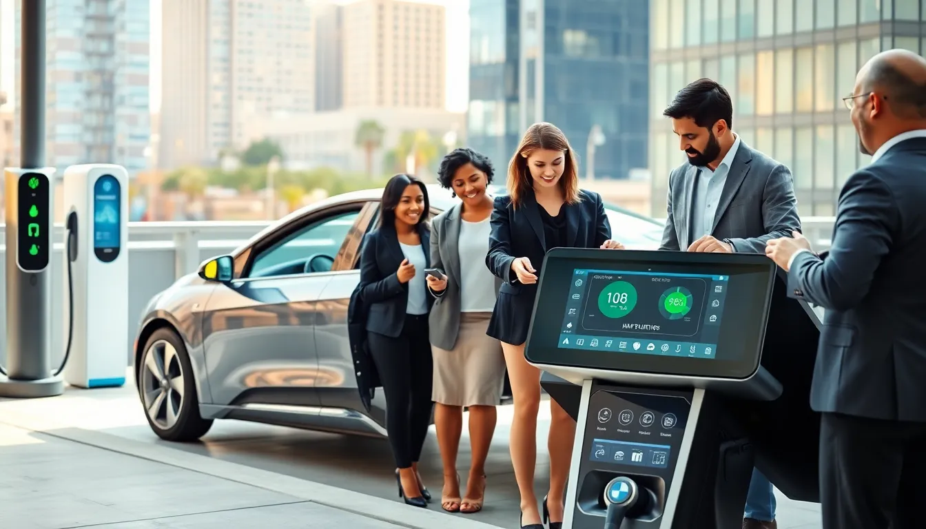 electric vehicle with diverse professionals discussing features in a modern city.