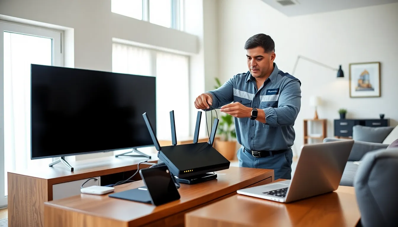 technician installing a router in a modern living room.