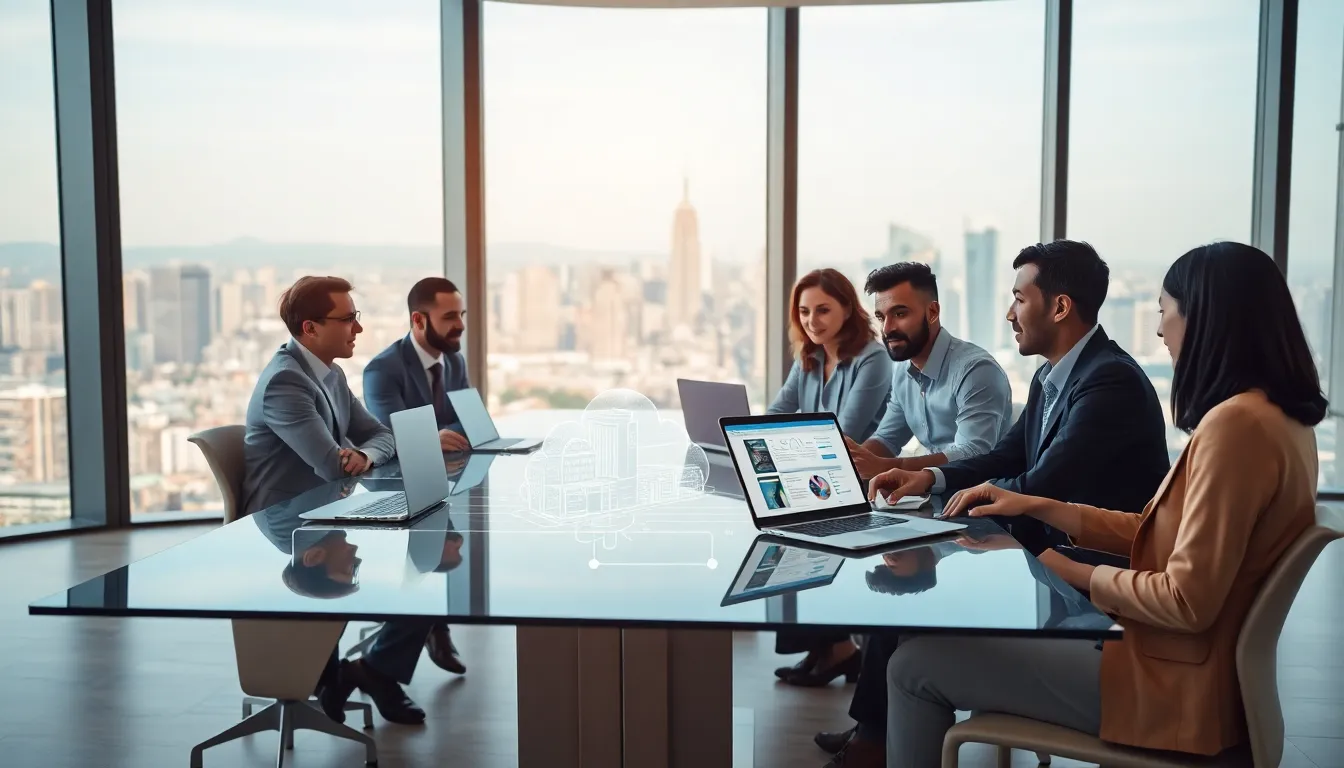 diverse professionals discussing SaaS architecture in a modern office.