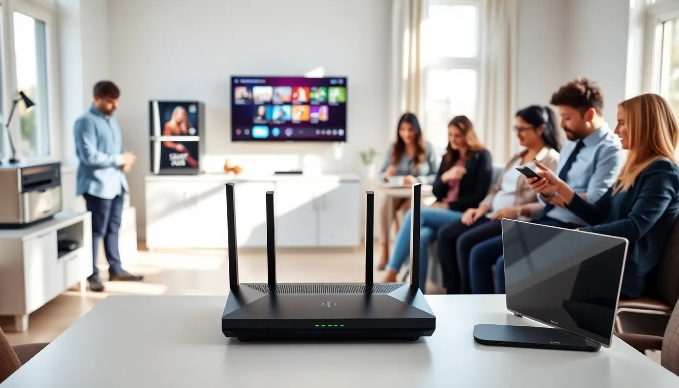 diverse group working in a modern home office with connected devices.