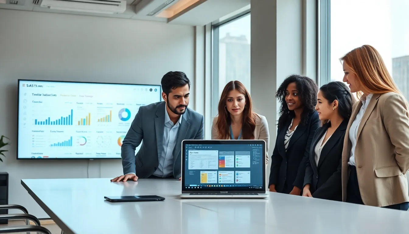 business professionals discussing SaaS subscription plans in a modern office.