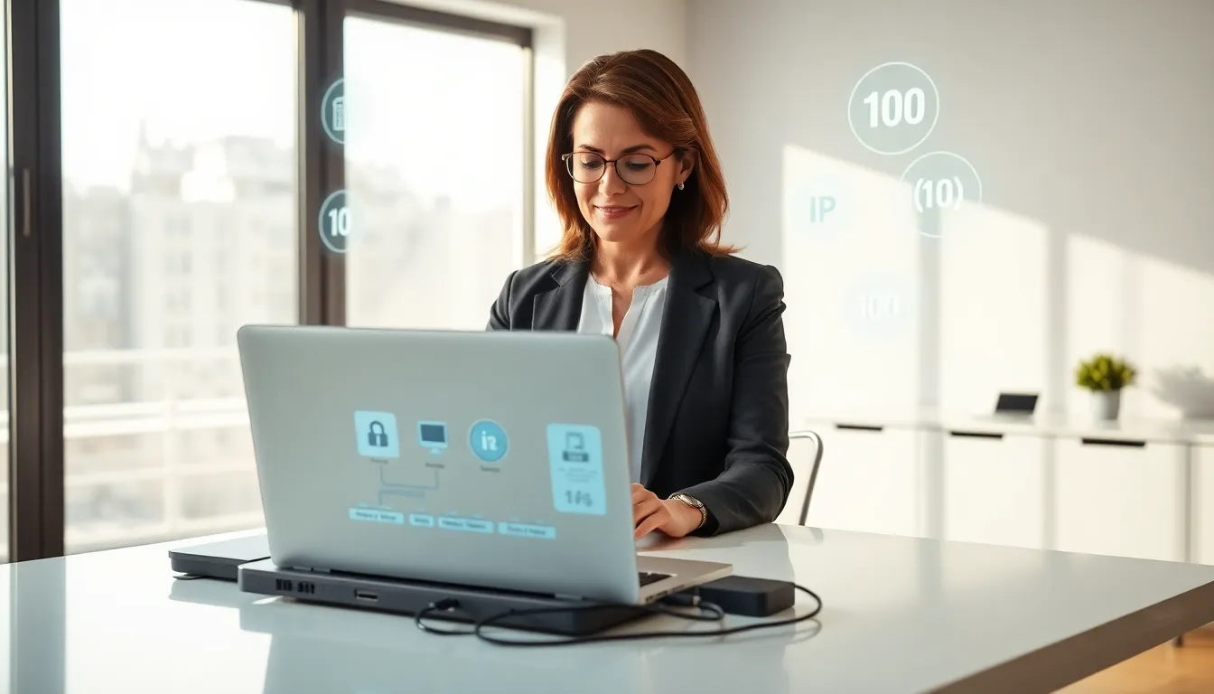 woman setting up a home network in a modern office.
