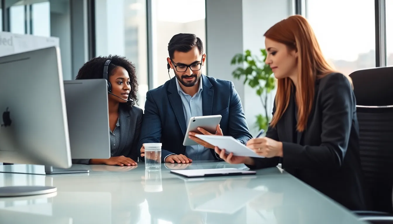 diverse customer support team assisting clients in a modern office