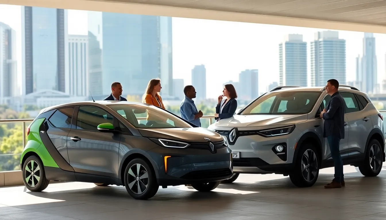 diverse group discussing electric vehicles under $40,000 in a modern city.