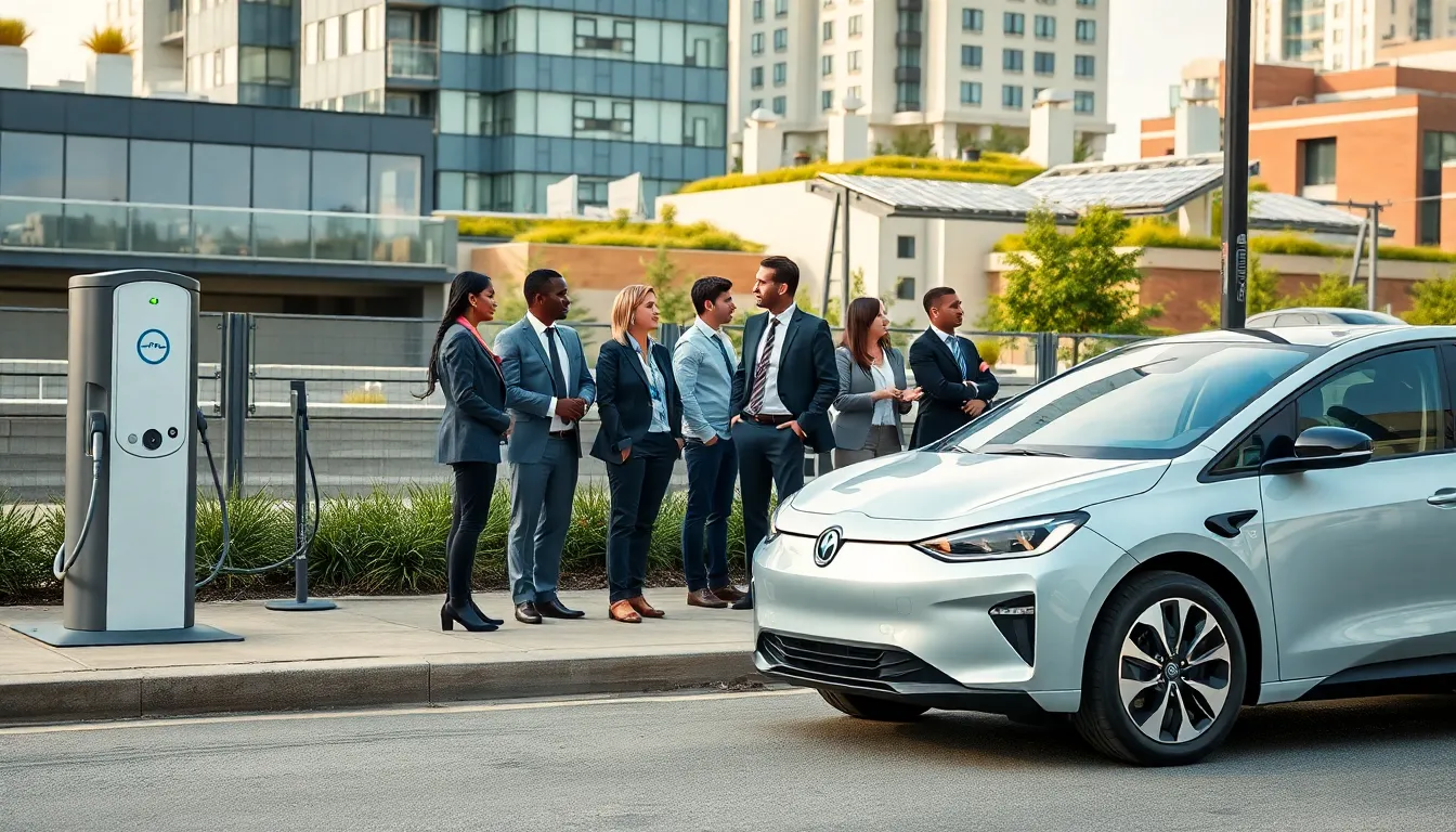 electric vehicle in a vibrant urban setting with professionals discussing sustainability.