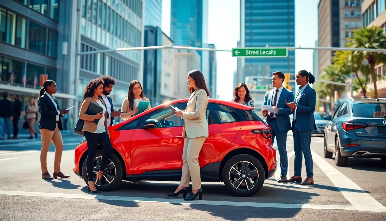 diverse professionals discussing electric vehicle regulations in an urban setting.