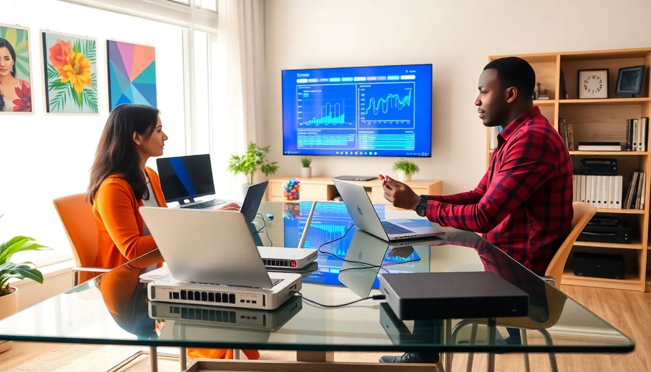 diverse team discussing home networking services in a modern office.