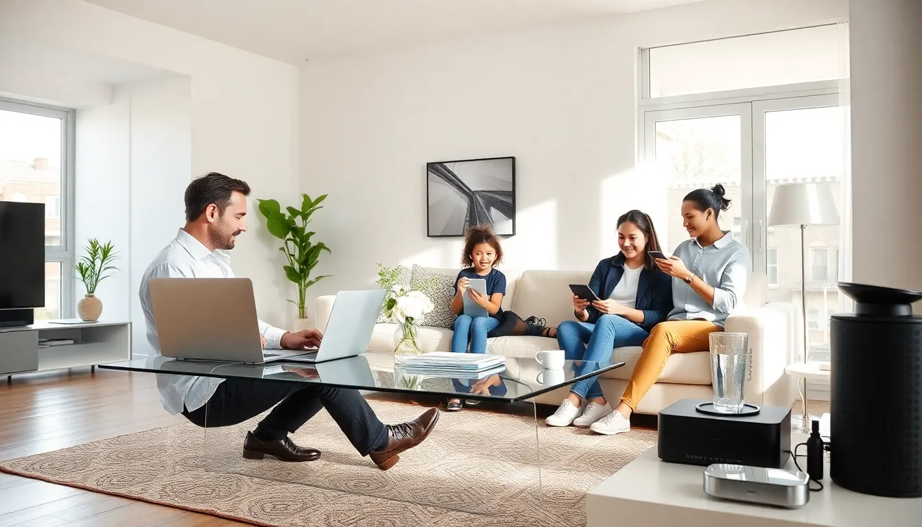 family using various devices in a modern living room setting.